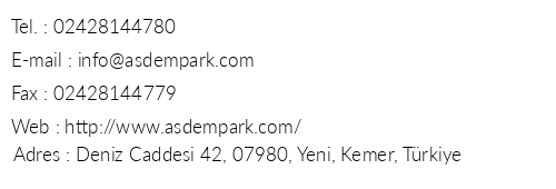 Asdem Park Hotel telefon numaralar, faks, e-mail, posta adresi ve iletiim bilgileri